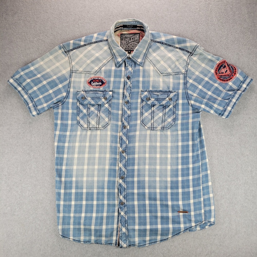 Affliction Black Premium Shirt Mens XL Blue Plaid Slim Fit Short Sleeve 110WV406